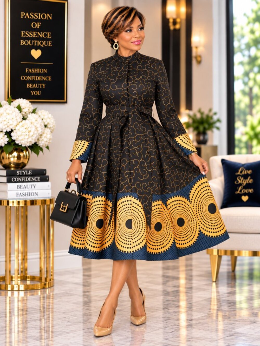 Giovanna Royal Print Stand Collar A-Line Midi Dress w/ Belt